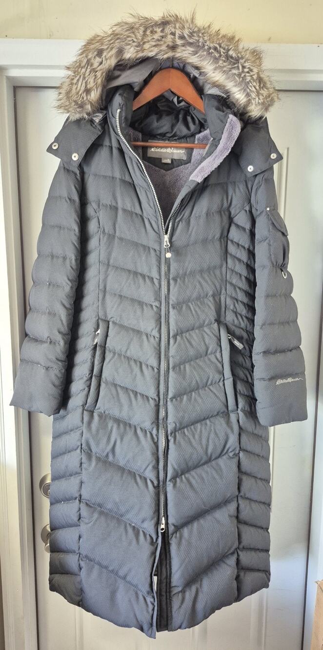Eddie Bauer Women’s Petite Large PL Black Long Down Puffer Parka Faux Fur Hood
